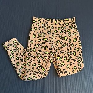 Fabletics Tan and Neon Yellow Leopard Leggings, Medium